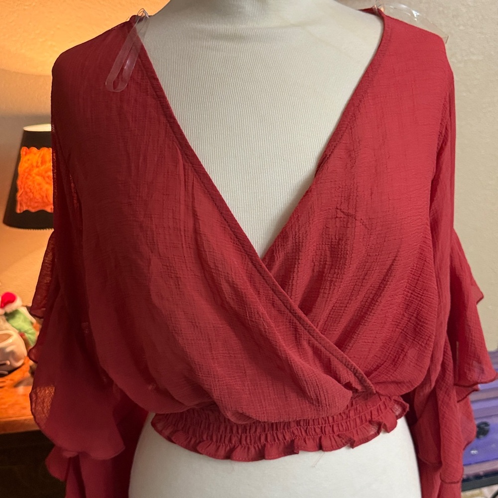 FAVLUX Red Ruffled Wrap Blouse - Picture 2 of 4